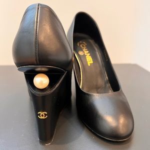 Chanel Black Leather Pearl Detail Wedge